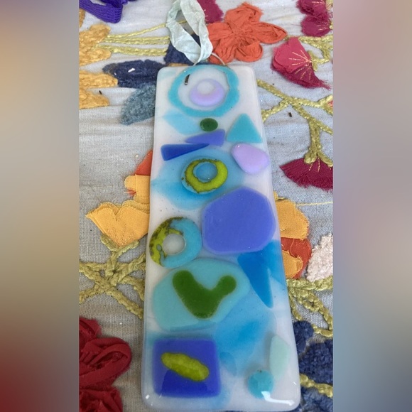 Handmade Fused Art Glass  Hanging Plaque 8”x2.5” Mermaids light”Design - Picture 4 of 15